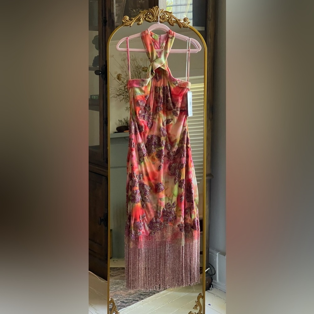 THEIA NWT Brigitte Floral Beaded Fringe Midi Dress - Picture 3 of 15